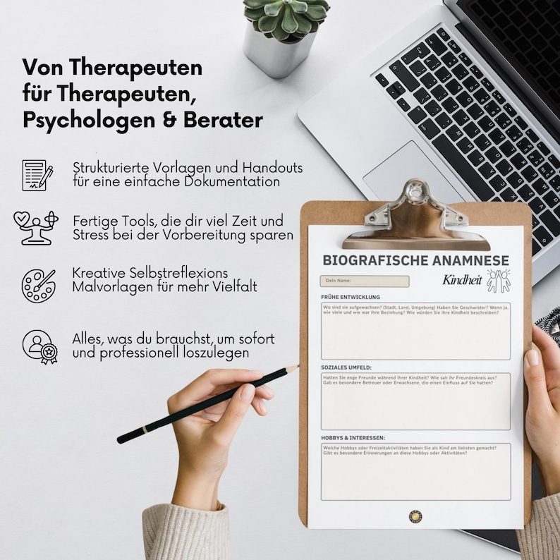 May include: A clipboard with a "BIOGRAFISCHE ANAMNESE Kindheit" form, a laptop, and a pencil. The form has sections for early development, social environment, and hobbies. Text in German reads "Von Therapeuten f&uuml;r Therapeuten, Psychologen & Berater."
