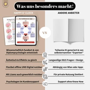 May include: A promotional graphic comparing Happy O' Clock to other providers. The left side features a tablet displaying a diagram and text, while the right side shows an open book. Text includes "Was uns besonders macht!" and bullet points.