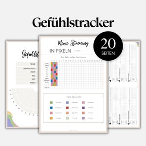 Könnte beinhalten: Ein Satz von drei druckbaren Emotionstracker-Seiten. Die Seiten tragen den Titel "Gefühlstracker" und enthalten Abschnitte zur Verfolgung von Gefühlen, einen farbcodierten Schlüssel und ein Raster für tägliche Einträge. Die Seiten sollen Emotionen über ein Jahr verfolgen.