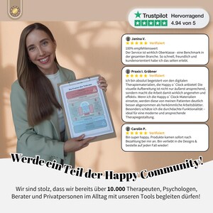 Peut inclure: Une femme sourit en tenant un presse-papiers avec un tableau color&eacute; intitul&eacute; "The Founder of Tolerance". Le tableau pr&eacute;sente un diagramme avec diff&eacute;rentes sections color&eacute;es. Le texte "Werde ein Teil der Happy Community!" est affich&eacute; en grandes lettres grasses. En dessous du texte, on peut lire "Wir sind stolz, dass wir bereits &uuml;ber 10.000 Therapeuten, Psychologen, Berater und Privatpersonen im Alltag mit unseren Tools begleiten d&uuml;rfen!"