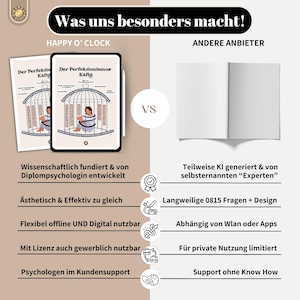 Peut inclure: Un tableau comparatif mettant en &eacute;vidence les diff&eacute;rences entre Happy O' Clock et d'autres fournisseurs de ressources sur le perfectionnisme. Le tableau pr&eacute;sente un graphique d'une cage &agrave; oiseaux avec une personne &agrave; l'int&eacute;rieur, repr&eacute;sentant le concept de perfectionnisme. Le tableau &eacute;num&egrave;re plusieurs diff&eacute;rences cl&eacute;s, notamment le fondement scientifique des ressources de Happy O' Clock, l'esth&eacute;tique et l'efficacit&eacute; de leur approche, ainsi que la disponibilit&eacute; de formats hors ligne et num&eacute;riques. Happy O' Clock propose &eacute;galement une licence pour une utilisation commerciale et fournit un support client par des psychologues.