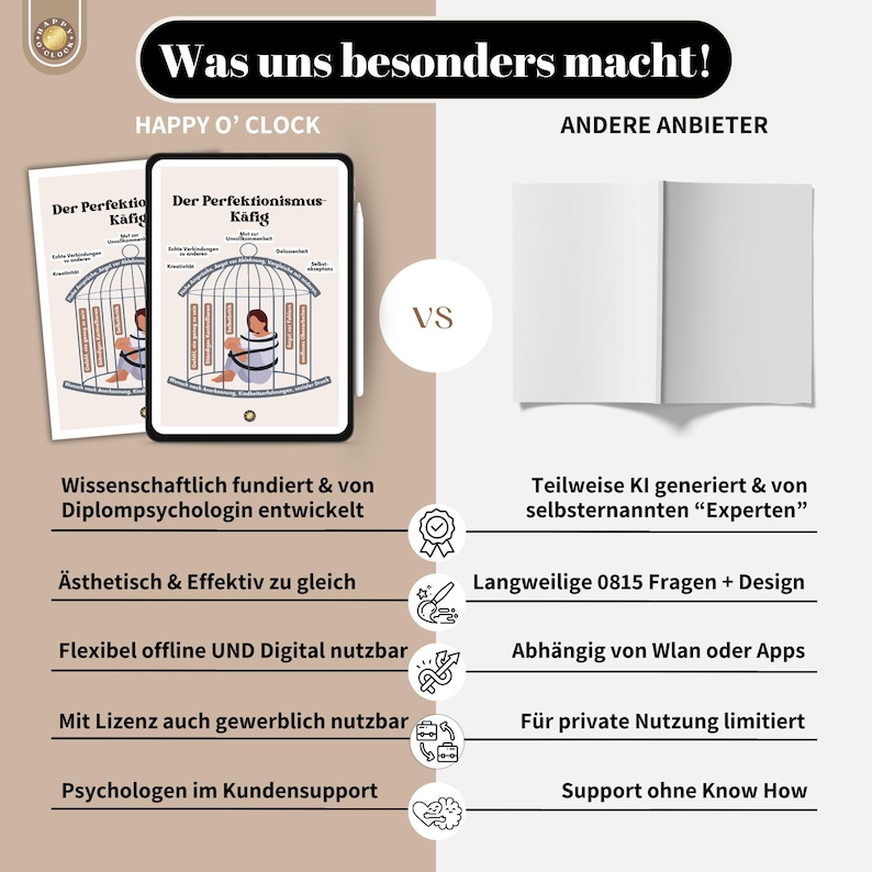 Peut inclure: Un tableau comparatif mettant en &eacute;vidence les diff&eacute;rences entre Happy O' Clock et d'autres fournisseurs de ressources sur le perfectionnisme. Le tableau pr&eacute;sente un graphique d'une cage &agrave; oiseaux avec une personne &agrave; l'int&eacute;rieur, repr&eacute;sentant le concept de perfectionnisme. Le tableau &eacute;num&egrave;re plusieurs diff&eacute;rences cl&eacute;s, notamment le fondement scientifique des ressources de Happy O' Clock, l'esth&eacute;tique et l'efficacit&eacute; de leur approche, ainsi que la disponibilit&eacute; de formats hors ligne et num&eacute;riques. Happy O' Clock propose &eacute;galement une licence pour une utilisation commerciale et fournit un support client par des psychologues.