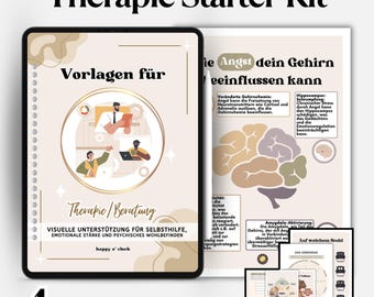 May include: A digital therapy starter kit with a tablet and open book. The tablet displays "Vorlagen für Therapie/Beratung" with illustrations. The book shows a brain diagram and text about anxiety and the brain. The kit includes 4 products.