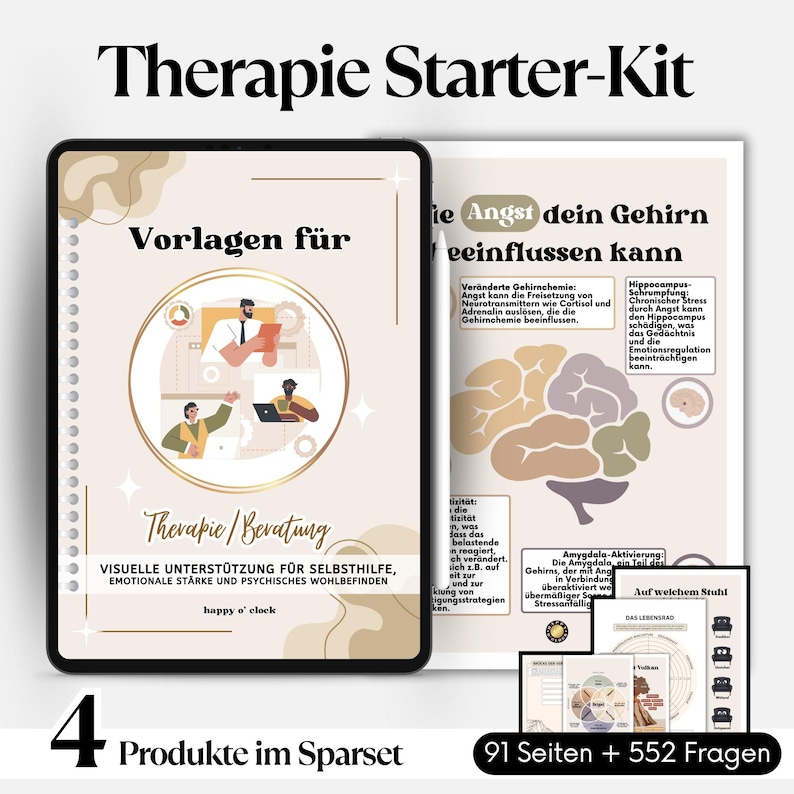 May include: A digital therapy starter kit with a tablet and open book. The tablet displays "Vorlagen f&uuml;r Therapie/Beratung" with illustrations. The book shows a brain diagram and text about anxiety and the brain. The kit includes 4 products.