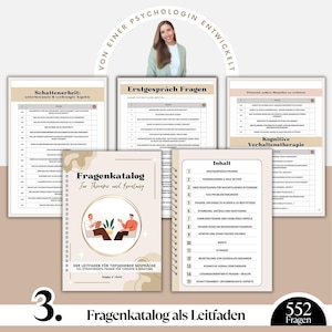 May include: A spiral-bound notebook titled "Fragenkatalog f&uuml;r Therapie und Beratung" with a cover illustration of two people in a counseling session. The image also includes several worksheets and the text "552 Fragen" indicating the number of questions.