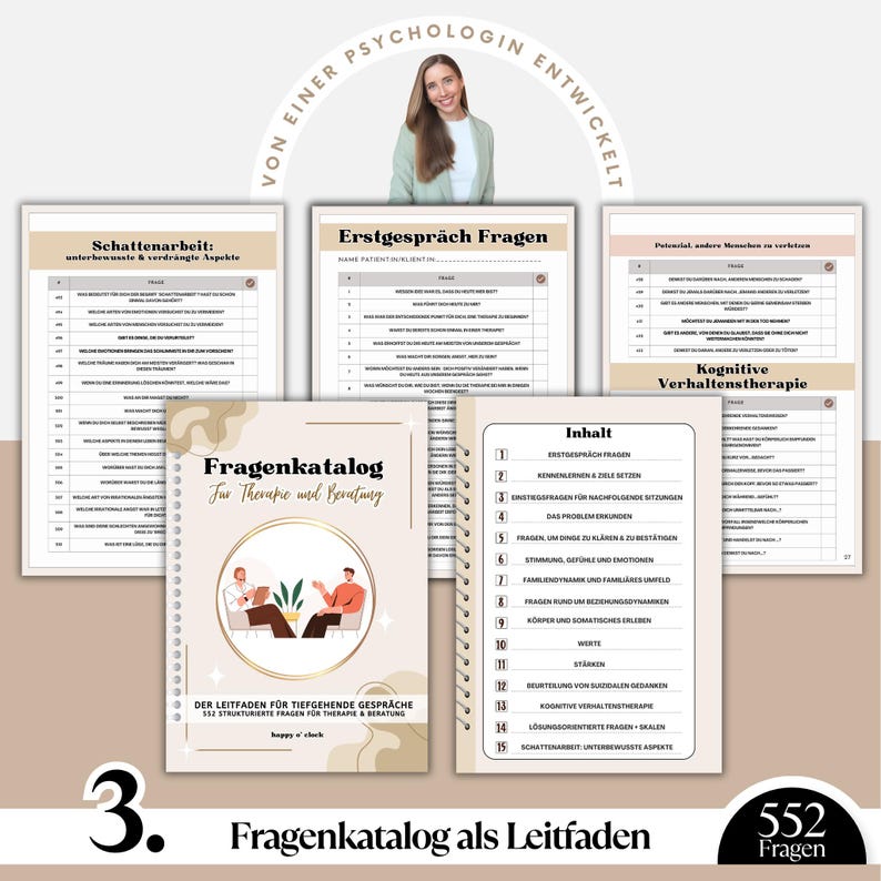 May include: A spiral-bound notebook titled "Fragenkatalog f&uuml;r Therapie und Beratung" with a cover illustration of two people in a counseling session. The image also includes several worksheets and the text "552 Fragen" indicating the number of questions.
