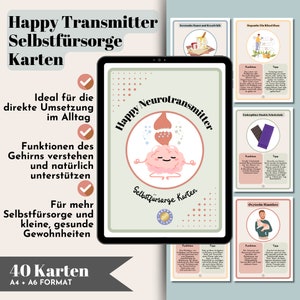 May include: A set of 40 cards with illustrations and text about neurotransmitters and self-care. The cards are designed to help people understand the functions of the brain and how to naturally support them. The cards are ideal for promoting self-care and healthy habits.