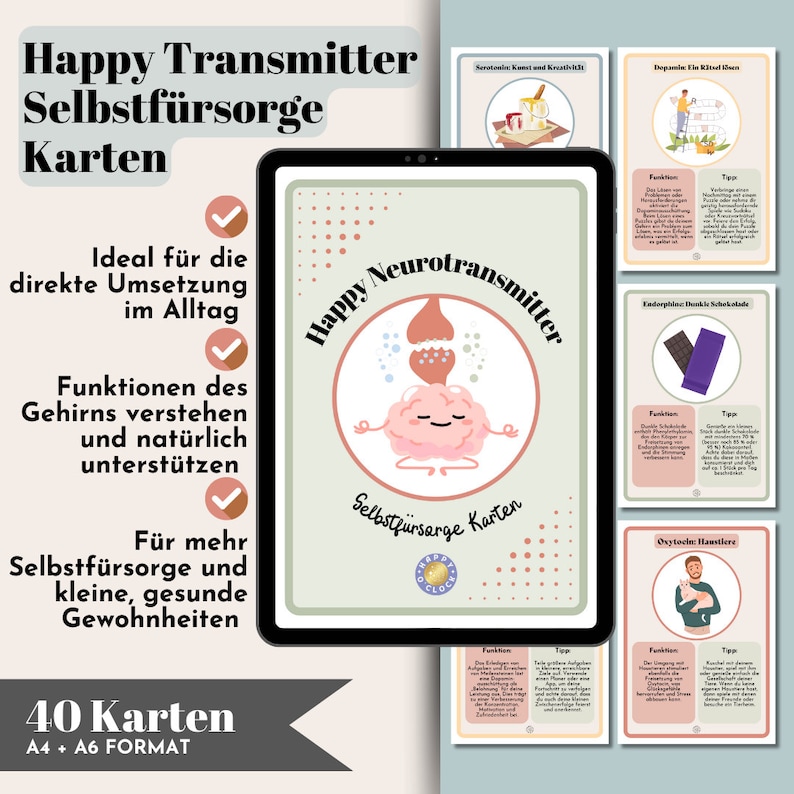 May include: A set of 40 cards with illustrations and text about neurotransmitters and self-care. The cards are designed to help people understand the functions of the brain and how to naturally support them. The cards are ideal for promoting self-care and healthy habits.
