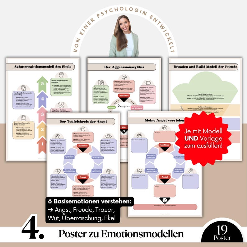 May include: A collection of educational posters on emotions, featuring diagrams and text in German. The posters cover topics like the aggression cycle, the fear cycle, and understanding basic emotions. A woman's image is at the top, with a red starburst that says "Je mit Modell UND Vorlage zum ausf&uuml;llen!"