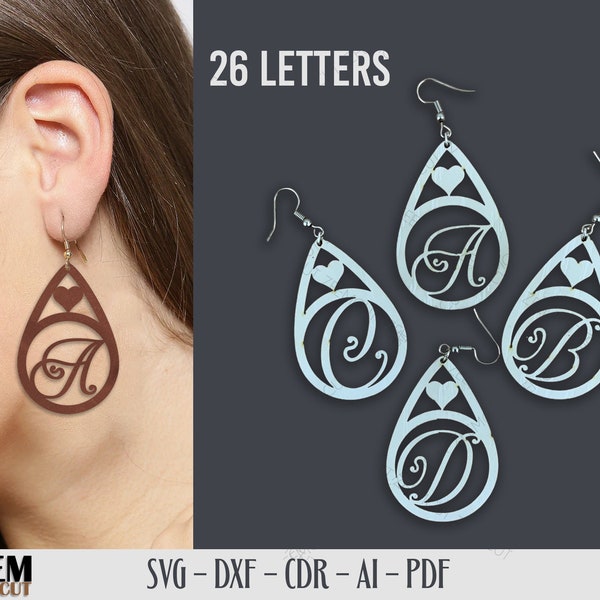 Tear Drop Monogram Earrings SVG  Files & Pendant Laser Cut Files Template for Glowforge and Other Laser Cutting Machines, SVG Earrings