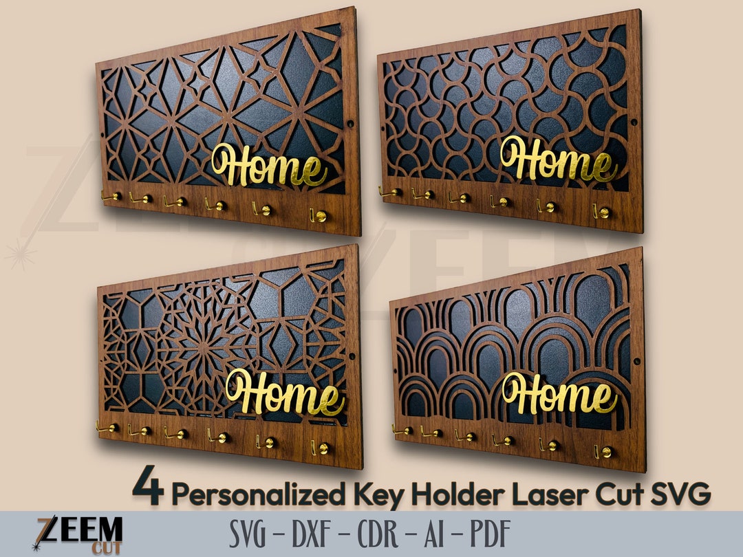 Set of 4 Personalized Wall Mounted Wooden Key Holder Laser Cutting SVG ...