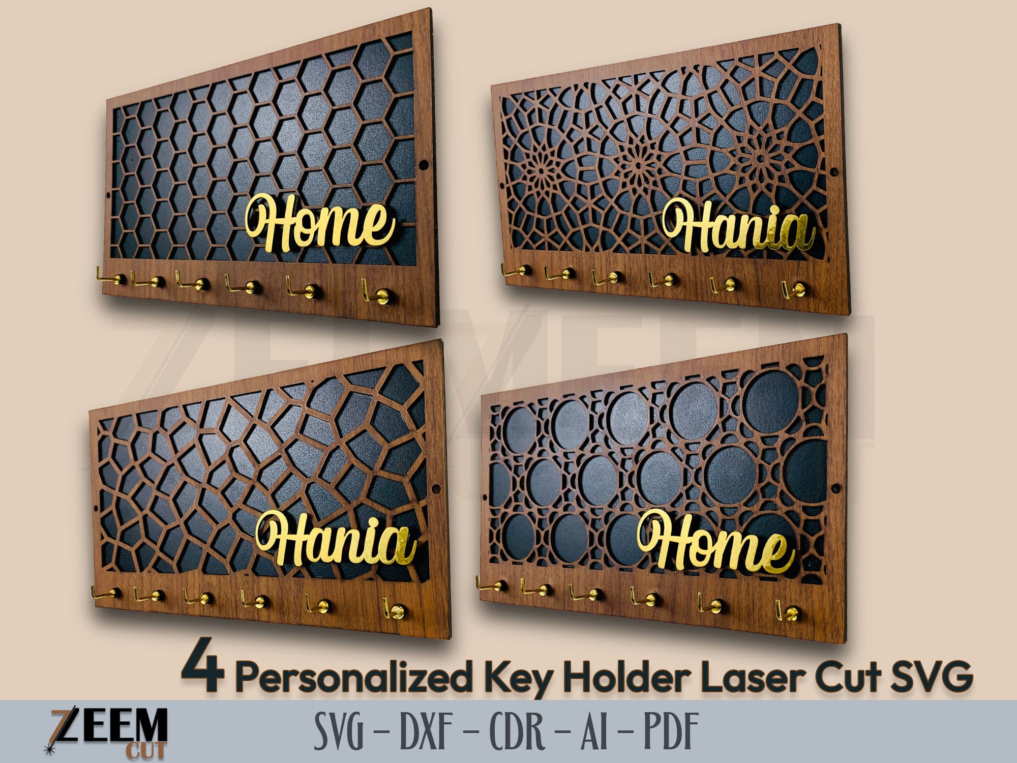Set of 4 Personalized Wall Mounted Wooden Key Holder SVG Laser Cut ...