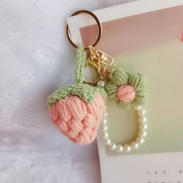 Mother's DayEaster gift Crochet Keychain - Strawberry with Little Pearl -Handmade-Red strawberry and Pink strawberry
