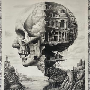 Architectural Skullscape - Surreal Art Drawing on Strathmore paper