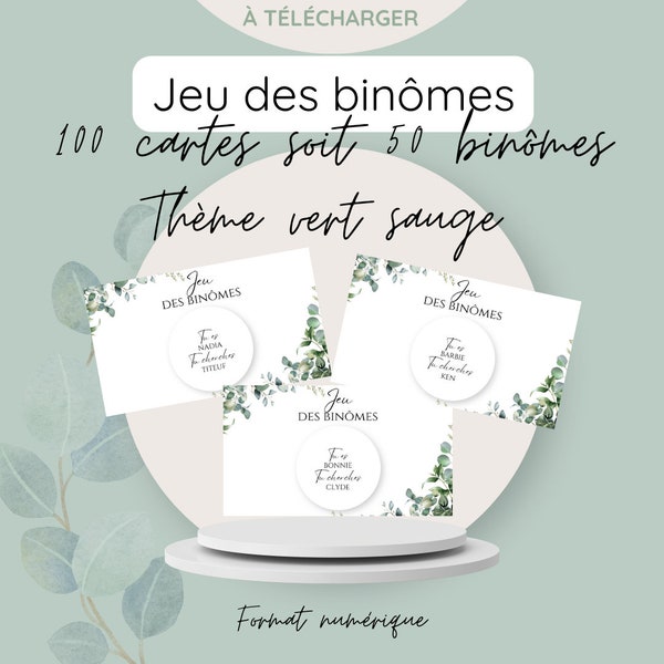 JEU BINOMES /  Jeu binômes mariage / Animation vin d'honneur / à télécharger et imprimer / Thème vert sauge branches eucalyptus