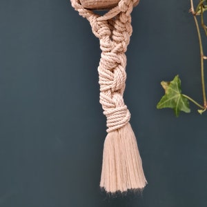 May include: A macrame plant hanger with a cream-coloured rope and a tassel. The hanger is hanging from a pot with a natural fibre texture.