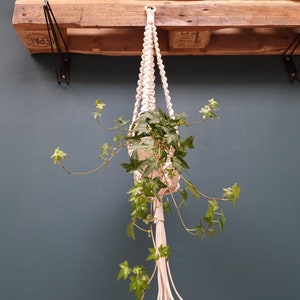 Può includere: Un portavasi in macramé bianco con una pianta verde appesa. Il portavasi è attaccato a uno scaffale di legno con staffe in metallo nero.