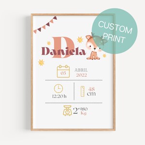 Cuadro Natalicio/ Nombre e Inicial/ Lámina Imprimible Personalizada/ Decoración Habitación Bebé/ Poster Animal Acuarela/ Decoración Infantil