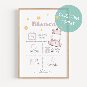 Cuadro Natalicio/ Lámina Imprimible Personalizada/ Decoración Habitación Bebé/ Poster Animal Acuarela/ Decoración Infantil de Pared