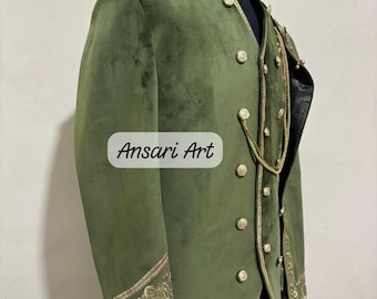 Regal Red Velvet Military Jacket, Silver Embroidered Cosplay Coat
