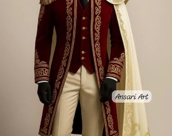 Men's Royal Prince Suit, Gold Embroidered Maroon Wedding Suit for Groom, 3 Piece Frock Coat with Detachable Cape, Regal Fantasy Groom swear