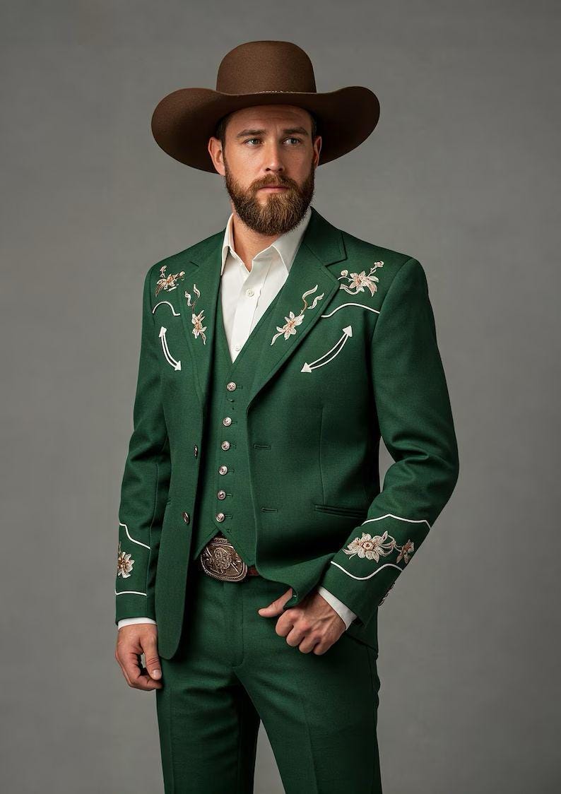 May include: A green three-piece suit with floral embroidery and white accents. The suit includes a jacket, vest, and pants. The person is wearing a brown cowboy hat and a belt with a decorative buckle. The suit is a classic Western style.