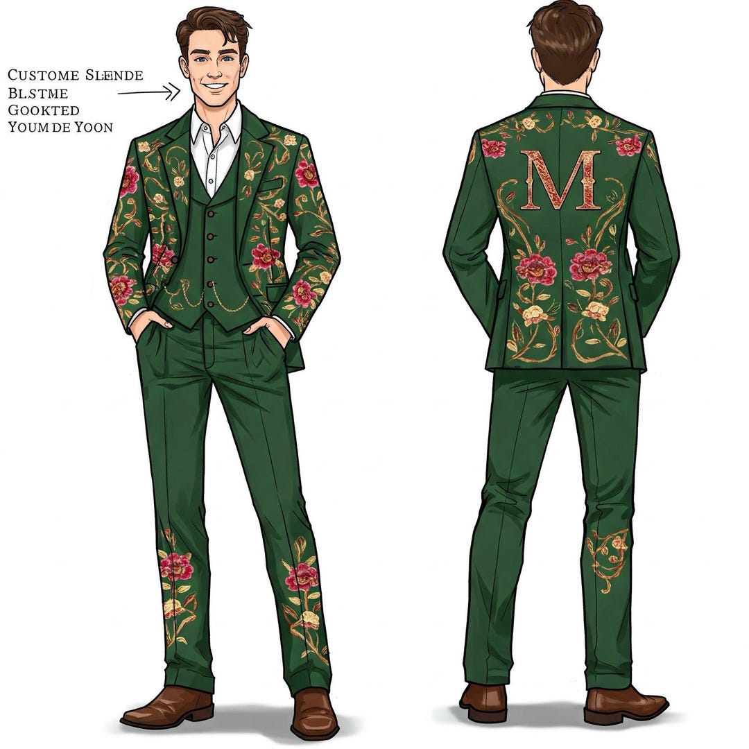 Men’s Palm Green Country Western Blazer with Floral Embroidery Rhinestone Detail Groom Outfit