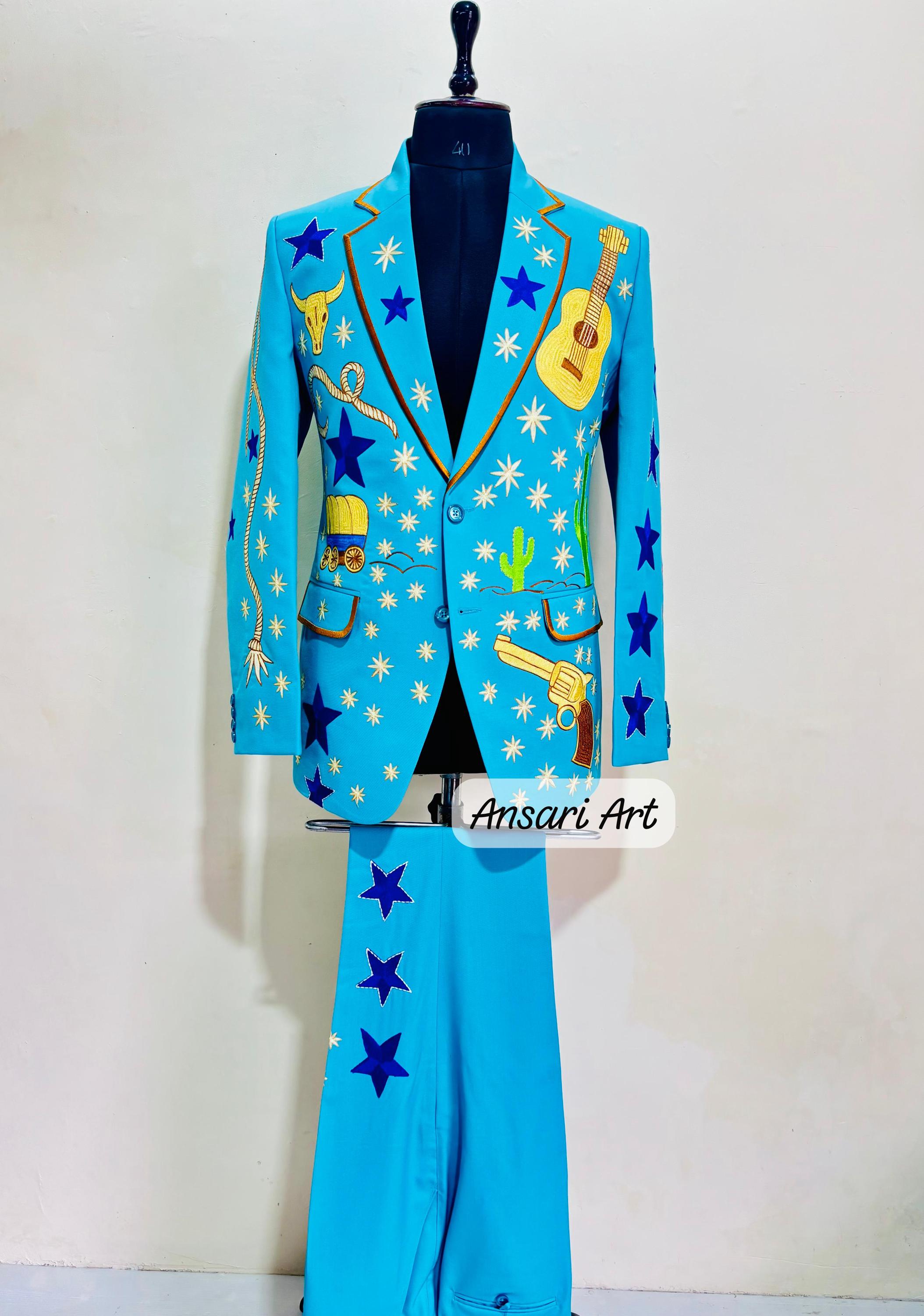 Men Designer 2pc Turquoise Bespoke Wagon Skull Guitar Embroidered