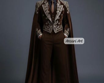 Royal Men's velvet Embroidered Cape Coat Set, Gothic Victorian Suit, Wedding Attire, Prom Outfit, Groom Tuxedo, Luxury Fantasy Costume.