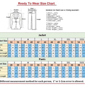 May include: A size chart for ready-to-wear suits, displaying jacket and pant sizes with measurements in inches and centimeters. Includes chest, shoulder, sleeve, and clothes length, as well as waist, hips, and pant length.