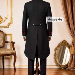 Black Red Embroidered Men's Wedding Tailcoat Suit, Victorian Gothic Tuxedo, Regency Prince Frock Coat, 3 Piece Custom Groom Suit image 2