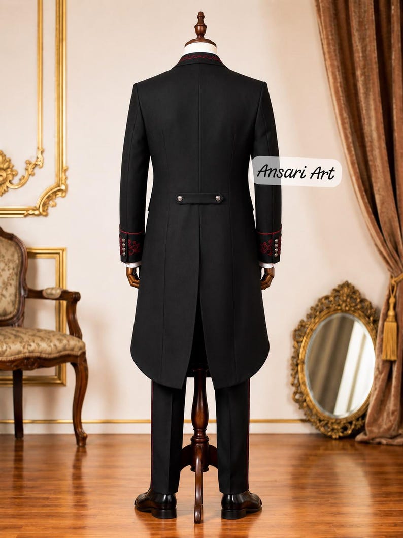 Black Red Embroidered Men's Wedding Tailcoat Suit, Victorian Gothic Tuxedo, Regency Prince Frock Coat, 3 Piece Custom Groom Suit image 2