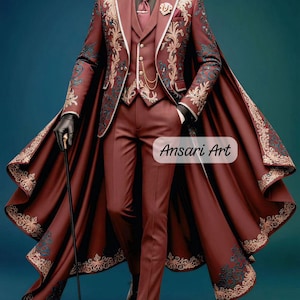 Könnte beinhalten: Ein bordeauxfarbener Anzug mit aufwendiger gold- und türkisblauer Stickerei, eine passende Weste und ein langer Umhang. Der Anzug umfasst ein schwarzes Hemd, eine Krawatte und eine goldene Kette. Das Bild enthält den Text "Ansari Art".