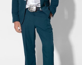 Men Greenish Blue 2Pc Customized White Piping Embroidered Vintage Style Cocktail Country Western Suit Cowboy Wedding Day Prom Party Outfit
