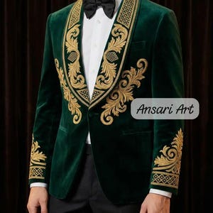 Luxury Emerald Green Velvet Men’s Suit Jacket, Gold Bullion Hand Embroidery Royal Wedding Blazer Prince Charming Costume Bespoke Prom Tuxedo
