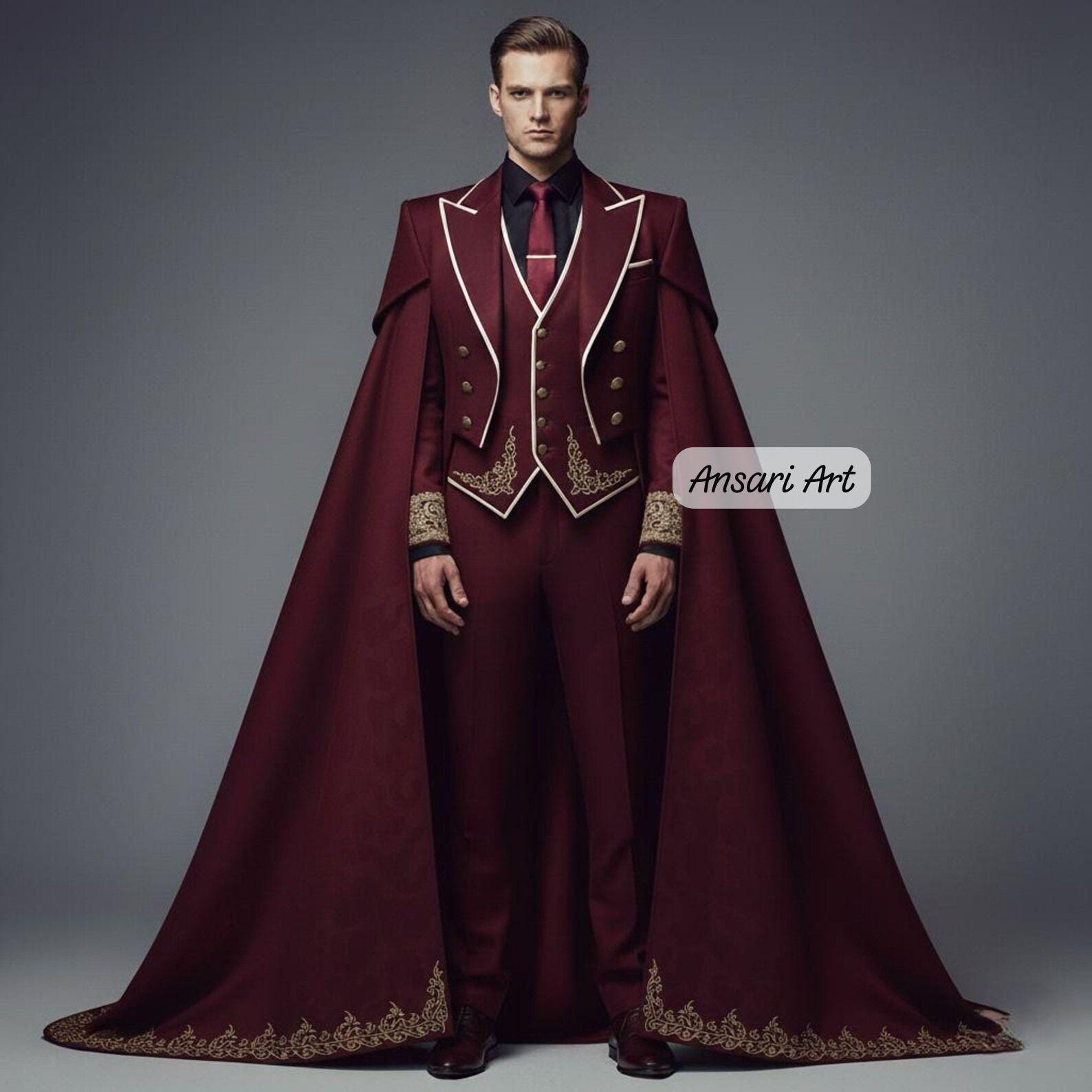 Burgundy Royal Prince Suit with Cape, Gold Embroidered Military Frock Coat, Custom Princely Wedding & Ceremonial Outfit