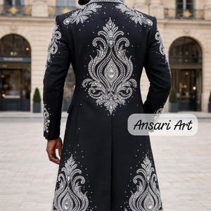 Luxury Men's Black Long Coat Silver Crystal Embroidered Royal Wedding Groom Suit Rhinestone Stage Wear Red Carpet Trench Coat Masquerade image 2