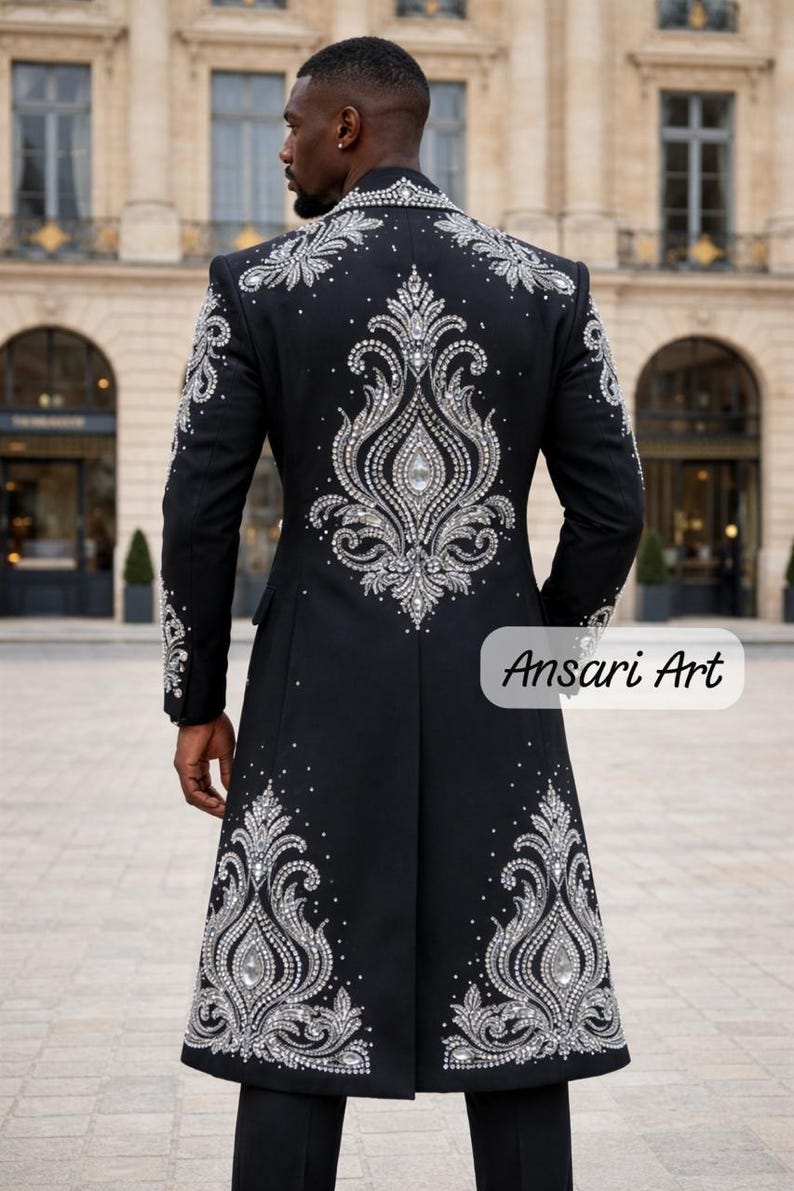 Luxury Men's Black Long Coat Silver Crystal Embroidered Royal Wedding Groom Suit Rhinestone Stage Wear Red Carpet Trench Coat Masquerade image 2