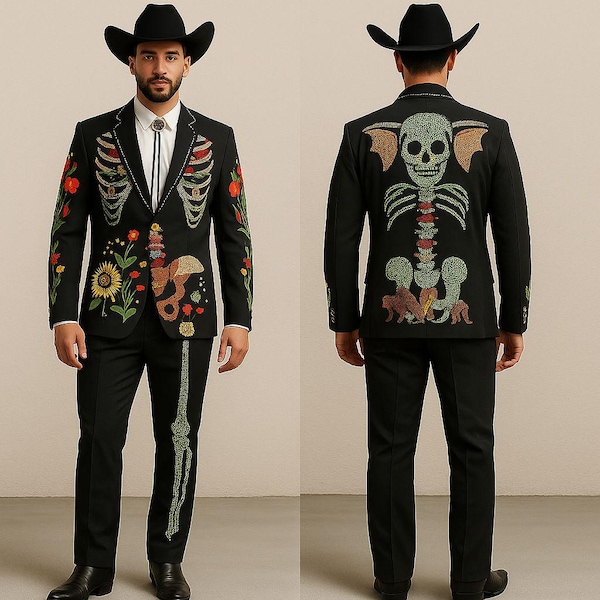 Traje de pantalón de 2 piezas a medida para hombre, diseño de Skelton, con bordado floral, estilo country western, estilo vaquero, ideal para cócteles, fiestas de graduación y bodas.