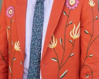 Men Rust Orange 2Pc Custom Made Chainstitch Flowers Leaf Vines Embroidered Country Western Suit Groom Prom Wedding Day Dinner Party Outfit