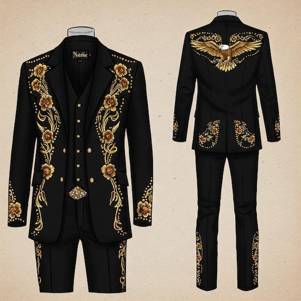 Traje vaquero negro de 2 piezas personalizado para hombre, con diseño floral y águila bordada con diamantes de imitación dorados, ideal para cócteles, fiestas de graduación y bodas.