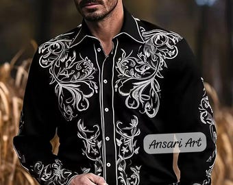 Black Western Shirt with White Scroll Embroidery, Men's Cowboy Button Down, Rockabilly Stage Wear, Nudie Suit Style Country Music Artist Top