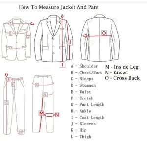 May include: Diagram illustrating how to measure a jacket and pants. The image shows outlines of a jacket and pants with labeled measurement points: shoulder, chest/bust, biceps, stomach, waist, crotch, pant length, ankle, coat length, sleeves, hip, thigh, inside leg, knees, and cross back.