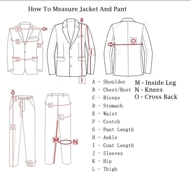 May include: Diagram illustrating how to measure a jacket and pants. The image shows outlines of a jacket and pants with labeled measurement points: shoulder, chest/bust, biceps, stomach, waist, crotch, pant length, ankle, coat length, sleeves, hip, thigh, inside leg, knees, and cross back.