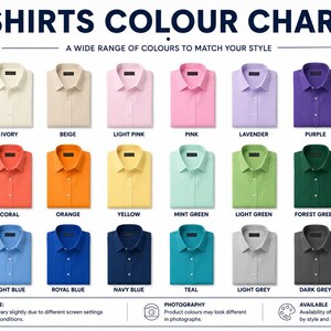 May include: A color chart displaying a wide range of shirt colors. The chart includes white, ivory, beige, light pink, pink, lavender, purple, maroon, red, coral, orange, yellow, mint green, light green, forest green, olive green, sky blue, light blue, royal blue, navy blue, teal, light grey, dark grey, and black shirts.