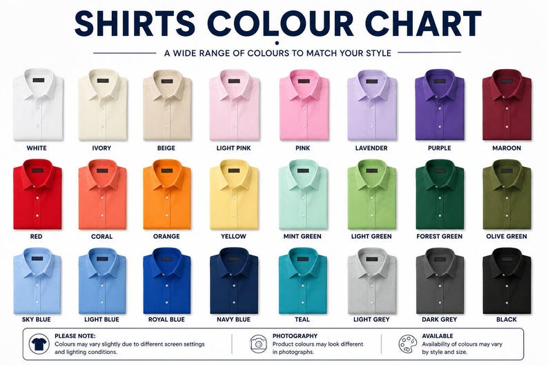 May include: A color chart displaying a wide range of shirt colors. The chart includes white, ivory, beige, light pink, pink, lavender, purple, maroon, red, coral, orange, yellow, mint green, light green, forest green, olive green, sky blue, light blue, royal blue, navy blue, teal, light grey, dark grey, and black shirts.