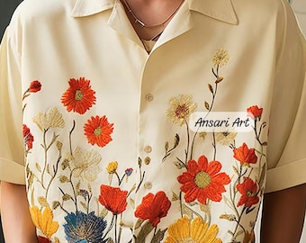 Embroidered Floral Men Short Sleeve Shirt Boho Wildflower Button Down Cream Summer Party Top Vintage Style Botanical Shirt Embroidered Gift