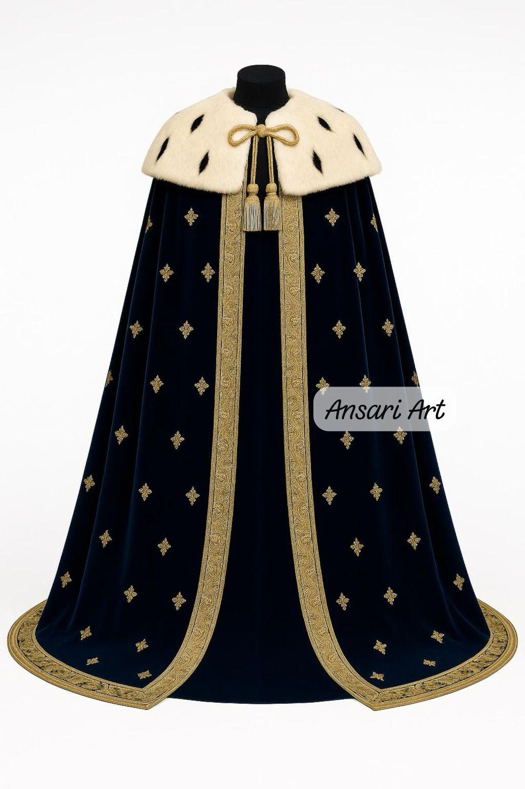 Royal King Velvet Cape Cloak With Fur Collar, Gold Embroidered Medieval ...