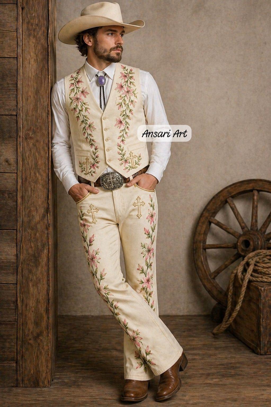 3Pc Black & Silver Western Suit: Eagle Embroidered Shirt Vest Flare Pants Set - Men's Cowboy Rodeo Outfit - Stage Wear Suit - Ansari Art