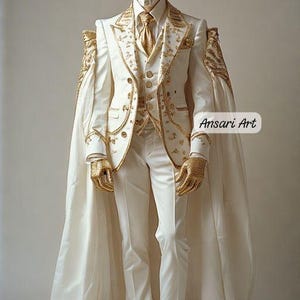 May include: A white suit with gold embellishments, including a jacket, vest, and pants. The suit features a cape and a mask with glowing eyes. Gold gloves and shoes complete the ensemble. The image includes the text "Ansari Art".